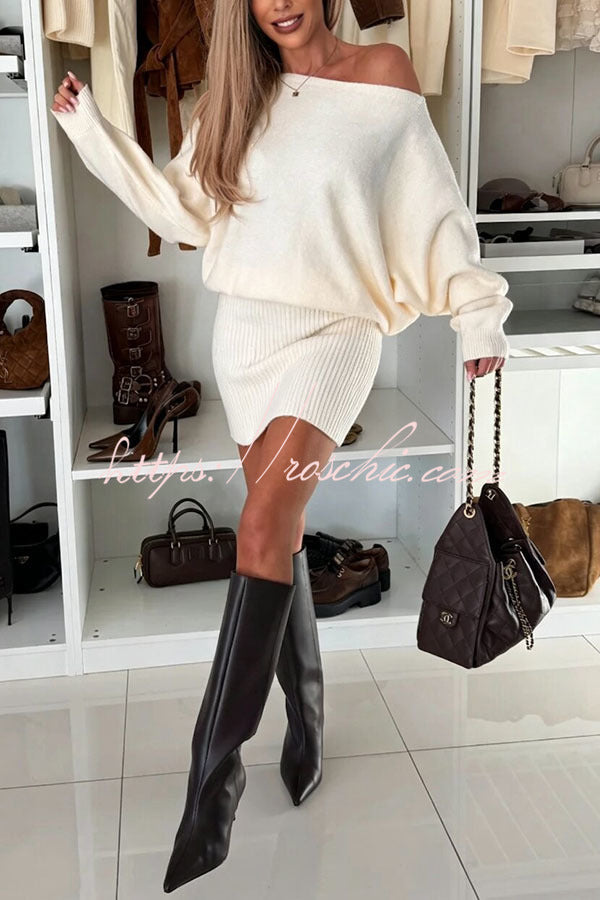 Sexy and Comfortable Knit Boat Neck Long Batwing Sleeve Ribbed Hem Mini Dress, view 4 - Elena Harper