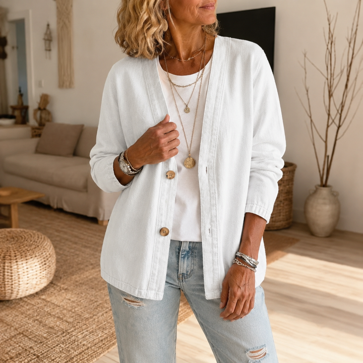 Drapella Collarless Soft-Denim-Look Button-Down Cardigan - Elena Harper
