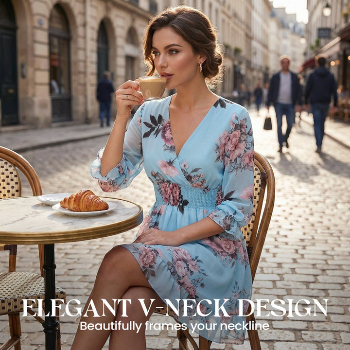 Short Women's Fluid Floral V-Neck Dress for a Light and Elegant Summer Style, view 4 - Elena Harper