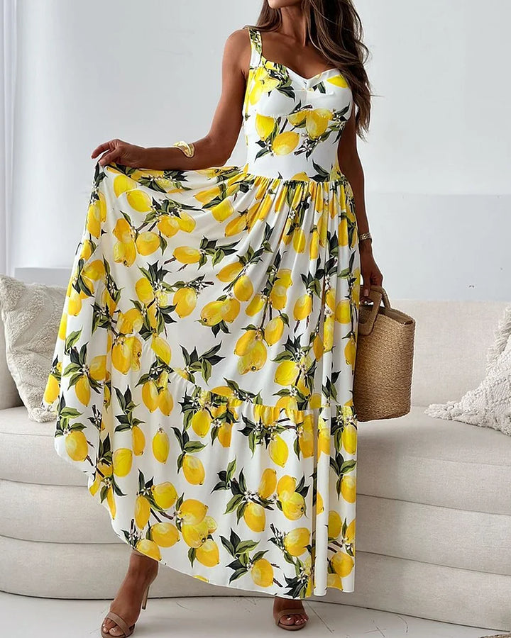 Flower Maxi Dress with Spaghetti Straps and Side Split for Women