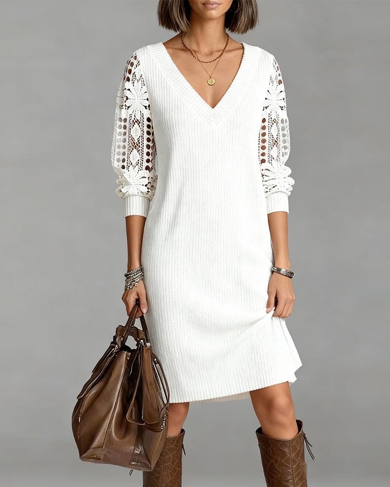 Long Sleeve Lace Dress with V-Neck - Elena Harper