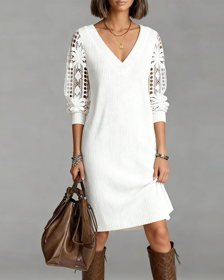 Long Sleeve Lace Dress with V-Neck - Elena Harper