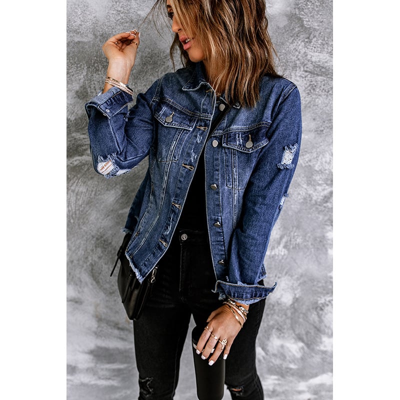 Women's Autumn Denim Jacket with Button Closure and Long Sleeves