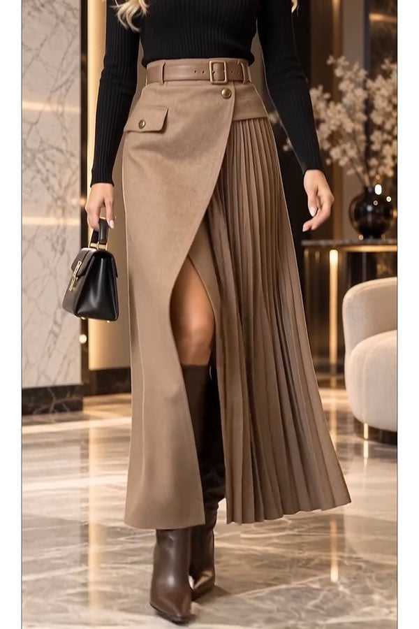 Distinctive Style High Rise Pocketed Pleated Hem Slit Maxi Skirt