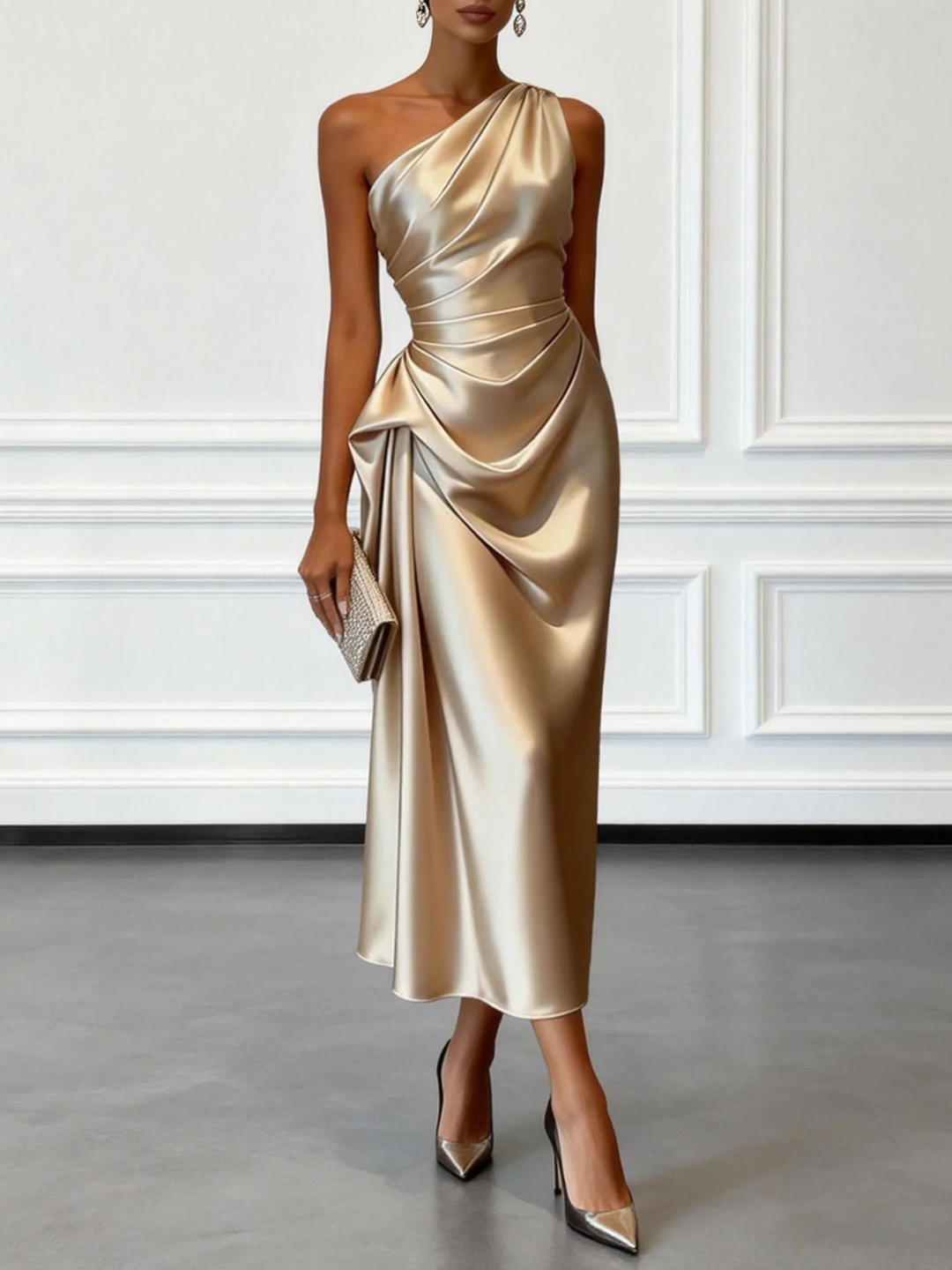 Amelia Champagne Satin One-shoulder Sleeveless Ruffled Midi Dress - Elena Harper