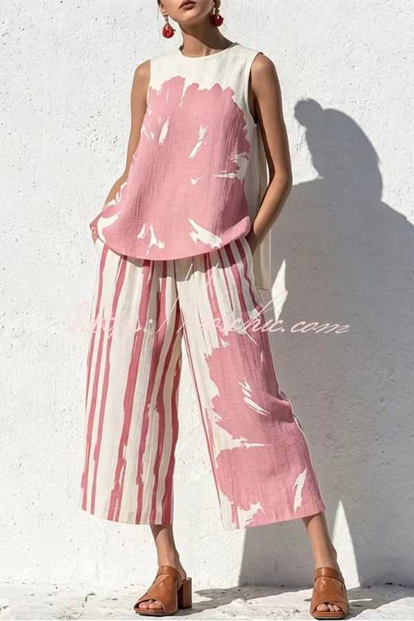 Abstract Brushstroke Sleeveless Tunic & Cropped Pant Set