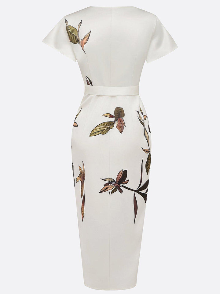 Form-fitting Florence satin dress with short sleeves and white leaf pattern - Elena Harper