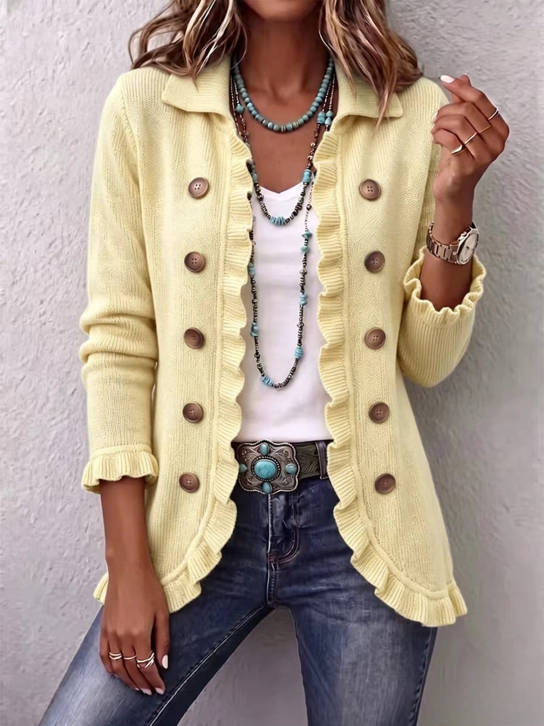 Ariana Cream Vintage-Inspired Frill Cardigan - Elena Harper