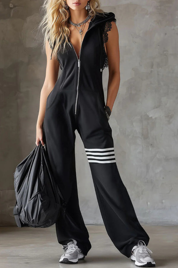 Stylish Hooded Sleeveless Lace Zipper Casual Sports Jumpsuit - Elena Harper