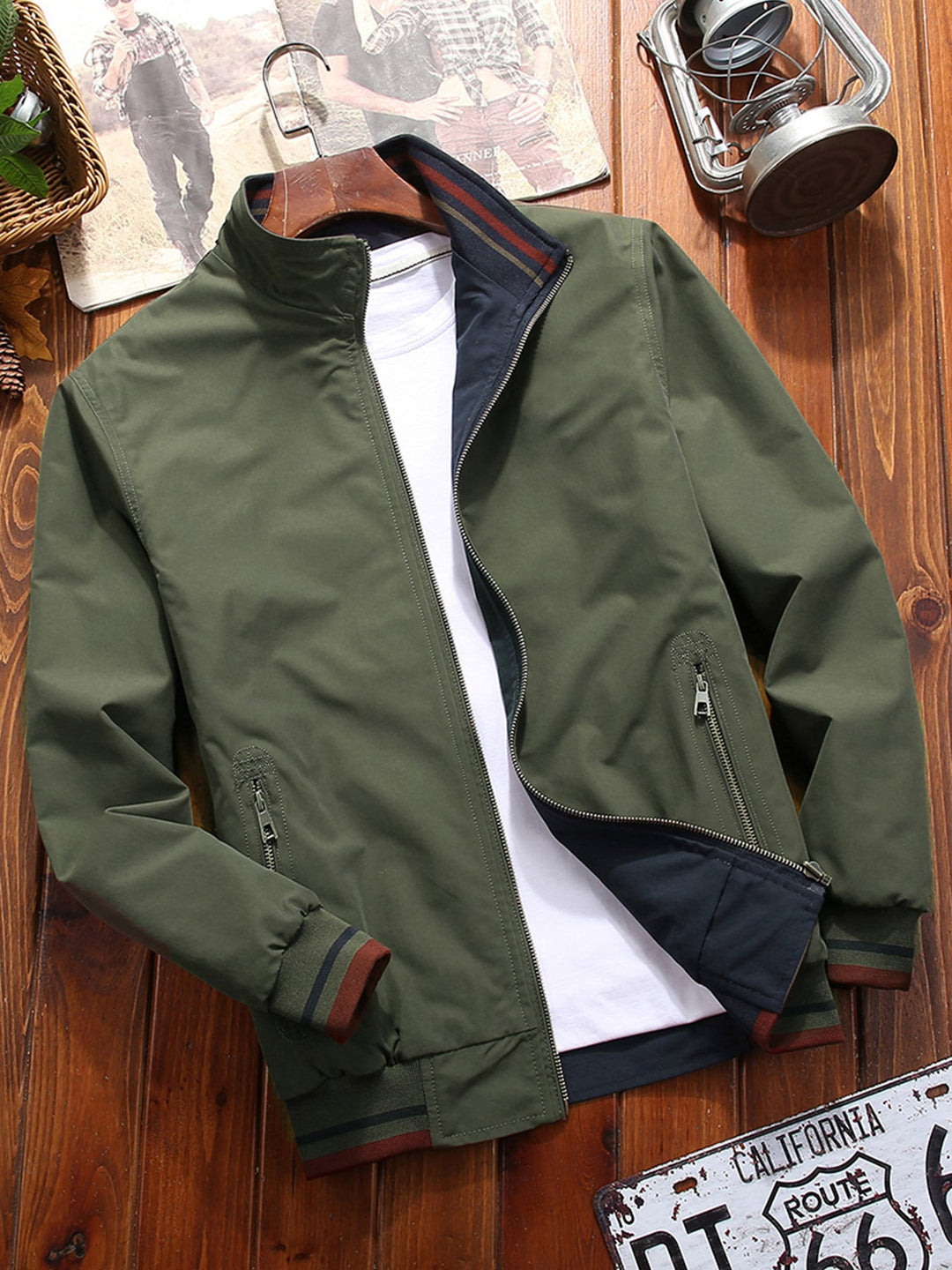 Men's Sport Jacket with High Collar and Reversible Design