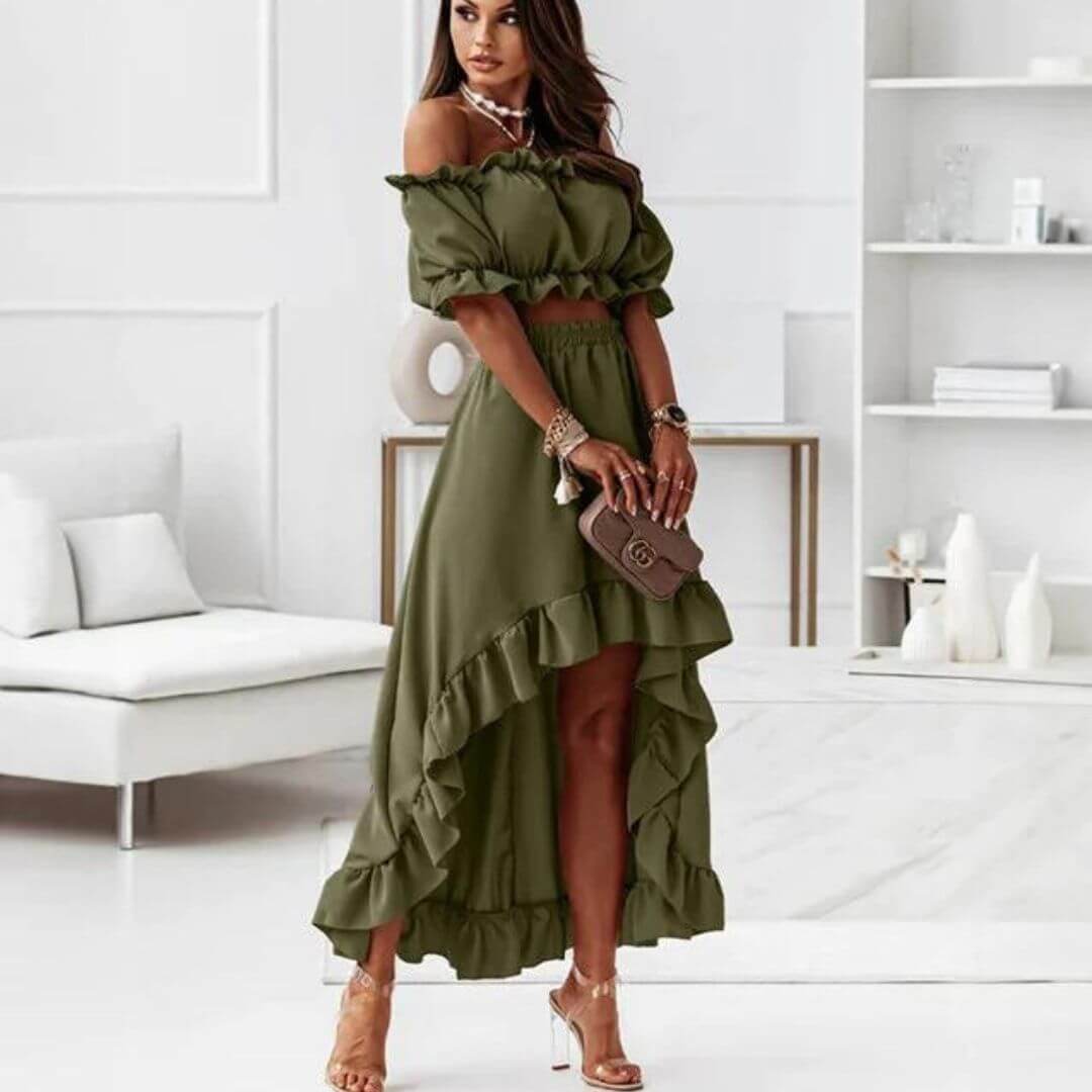 Women's Off-Shoulder Frill Crop Top & High-Low Skirt Set