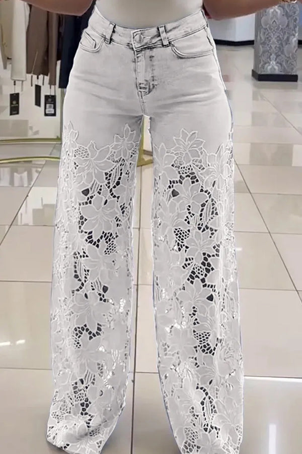 Fashion Hollow Lace Stitching Casual Pocket Denim Wide-leg Pants, view 3 - Elena Harper