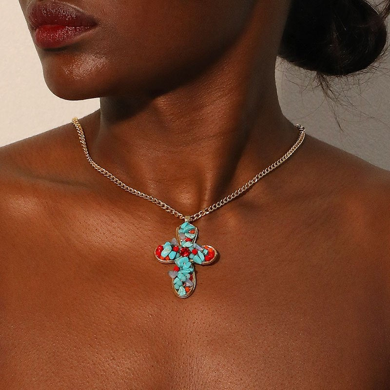 Bohemian Vibrant Colorful Turquoise Cross Pendant Necklace - Elena Harper
