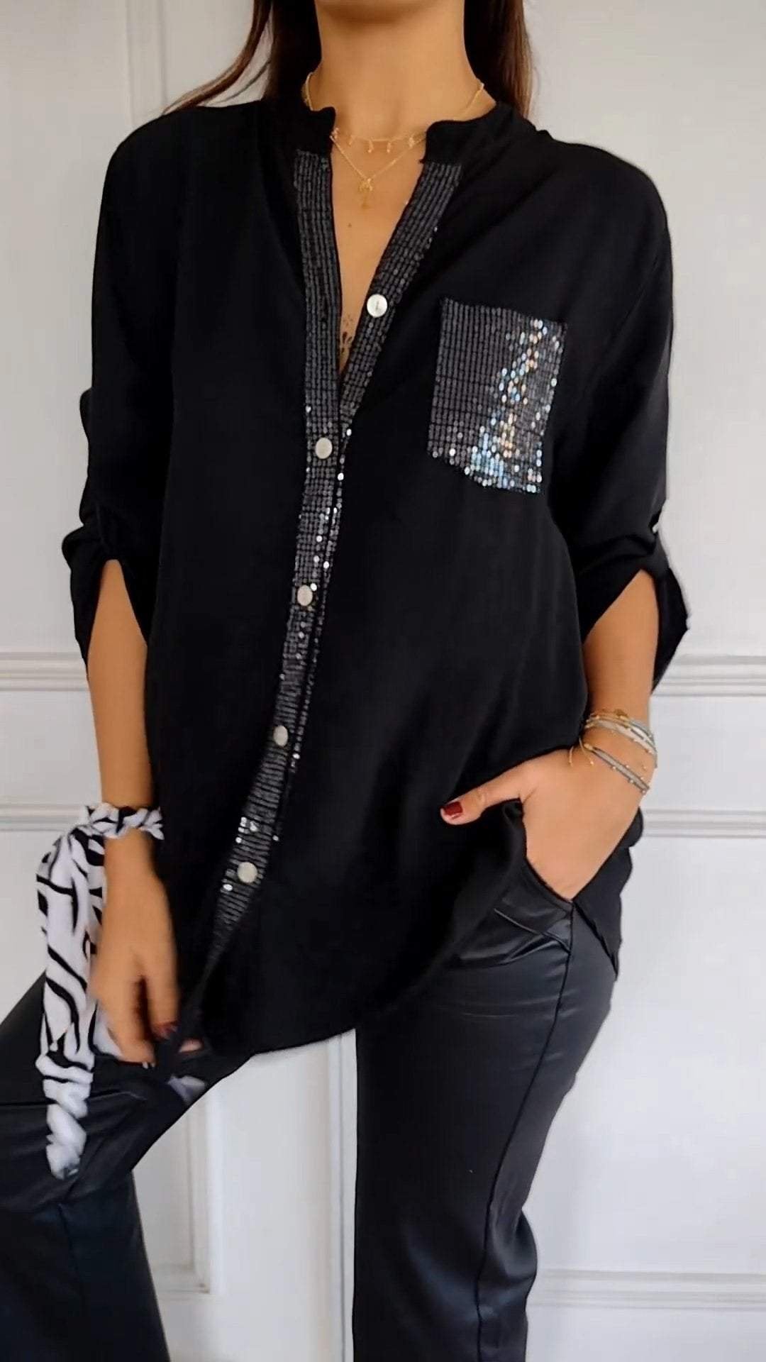 Women's Sequin Trim Button-Up Shirt - Elegant & Versatile