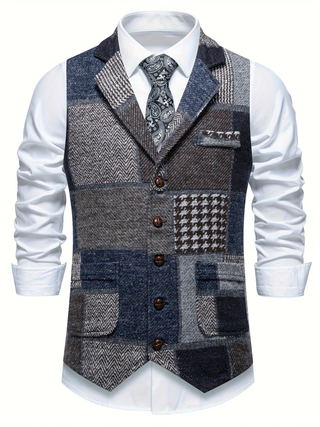 Leo Patchwork Tweed Waistcoat with Herringbone Pattern - Elena Harper