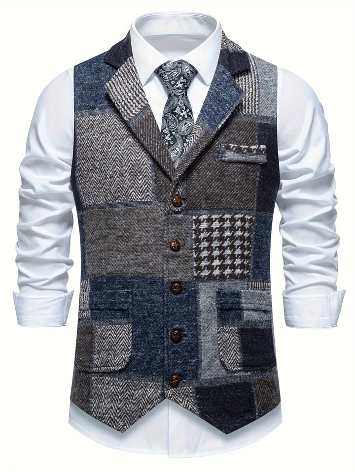 Leo Patchwork Tweed Waistcoat with Herringbone Pattern - Elena Harper