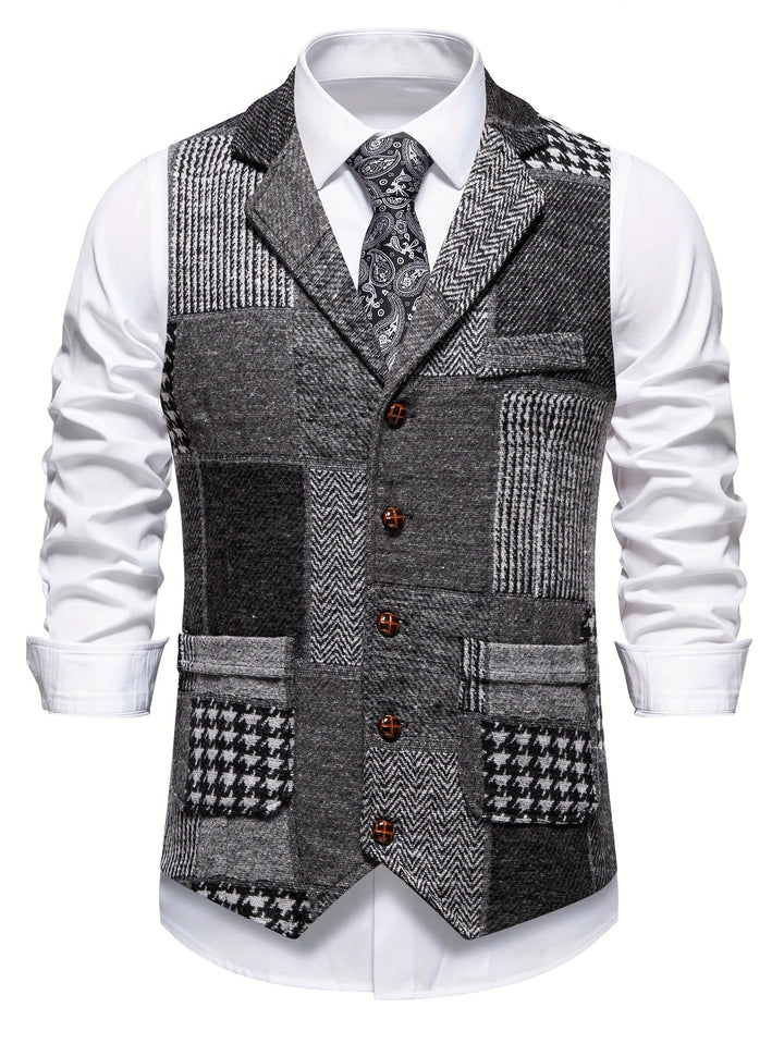 Leo Patchwork Tweed Waistcoat with Herringbone Pattern - Elena Harper