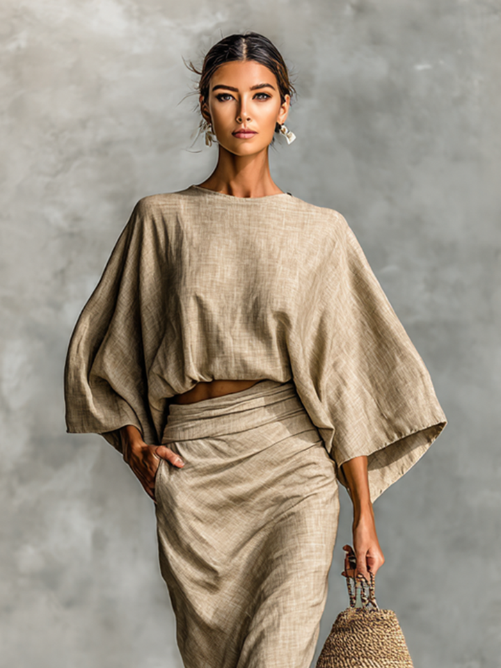 Two-piece set with long skirt in cotton-linen blend and batwing sleeves - Elena Harper