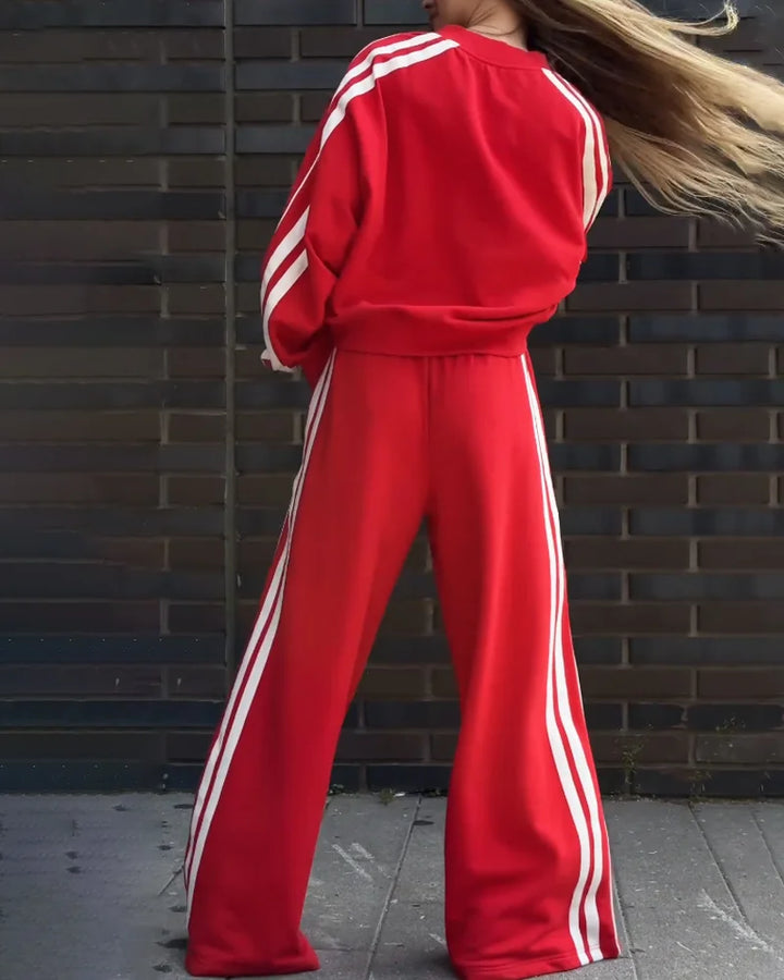 Two-piece striped knit set with wide pants, view 4 - Elena Harper