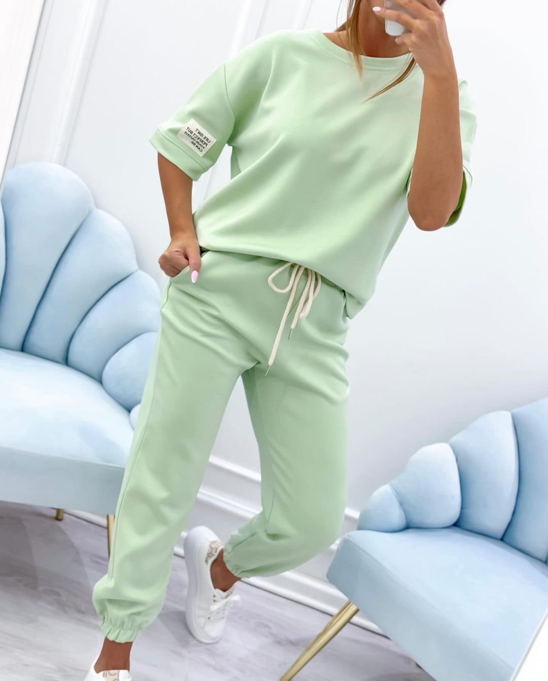 Women's Relaxed Outfit: Set of Solid Top and Pants