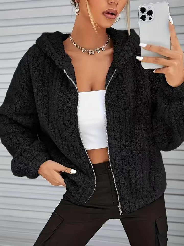 Women's Plush Cardigan with Zip and Hood - Warm and Cozy