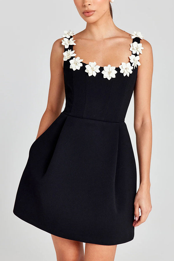 Cindy Feminine Mini Dress with Floral Applications - Elena Harper
