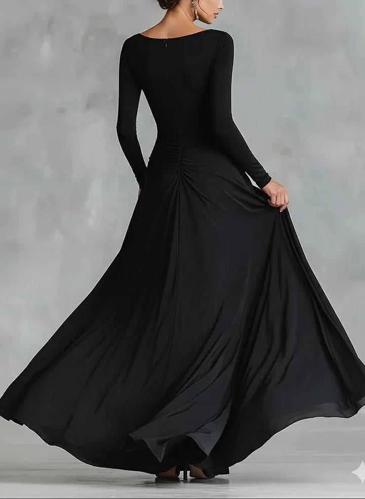 Modern long black crêpe dress with pleated boat neck - Elena Harper