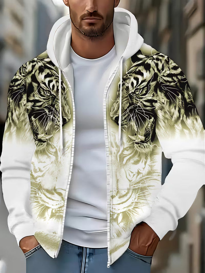 Luciano - Tiger Pattern Hooded Sweatshirt With Zipper