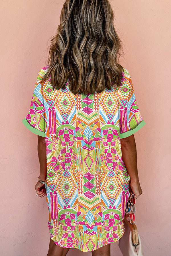 Unique Print Lapel Short Sleeve Single Breasted Loose Mini Dress