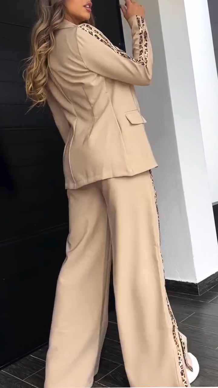 Blazer and Wide Pants Set with Leopard Trim, view 4 - Elena Harper