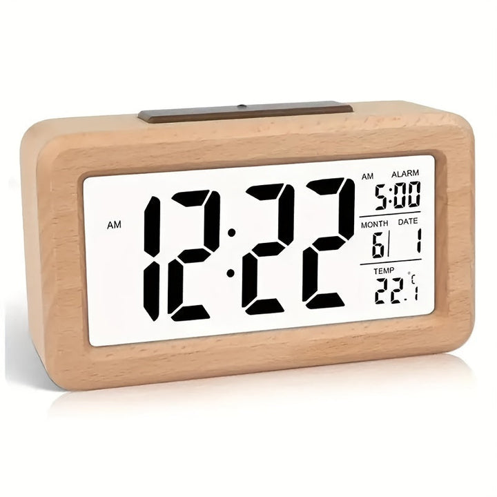 Wooden Digital Alarm Clock with LED Display, Temp & Date