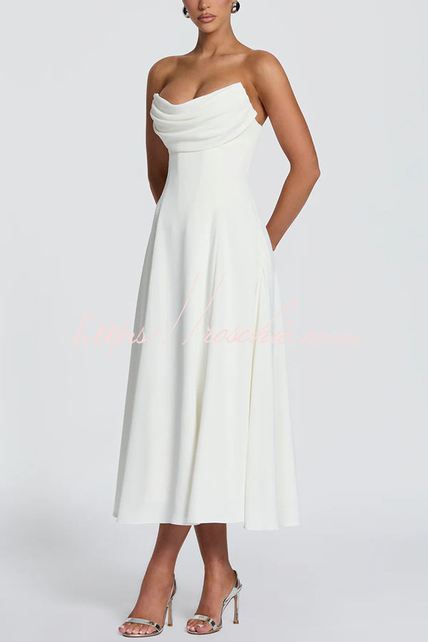 Marlowe Pleated Cowl Neck Strapless Back Lace-up Midi Dress