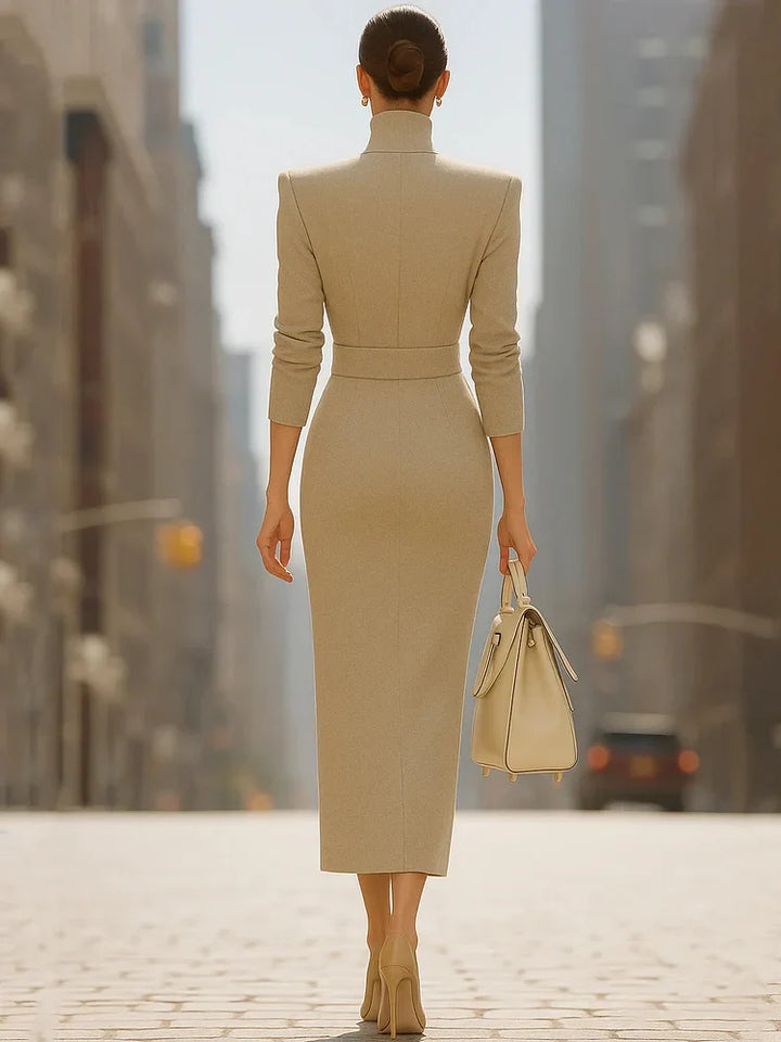 Dress with a high collar, fitted waist, and side slits - Elena Harper