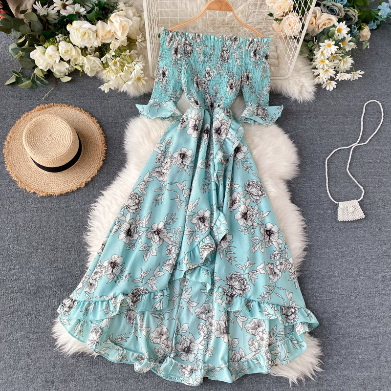 Women’s Midi Dress with Off-Shoulder, Short Sleeves, and Ruffles – Summer Style
