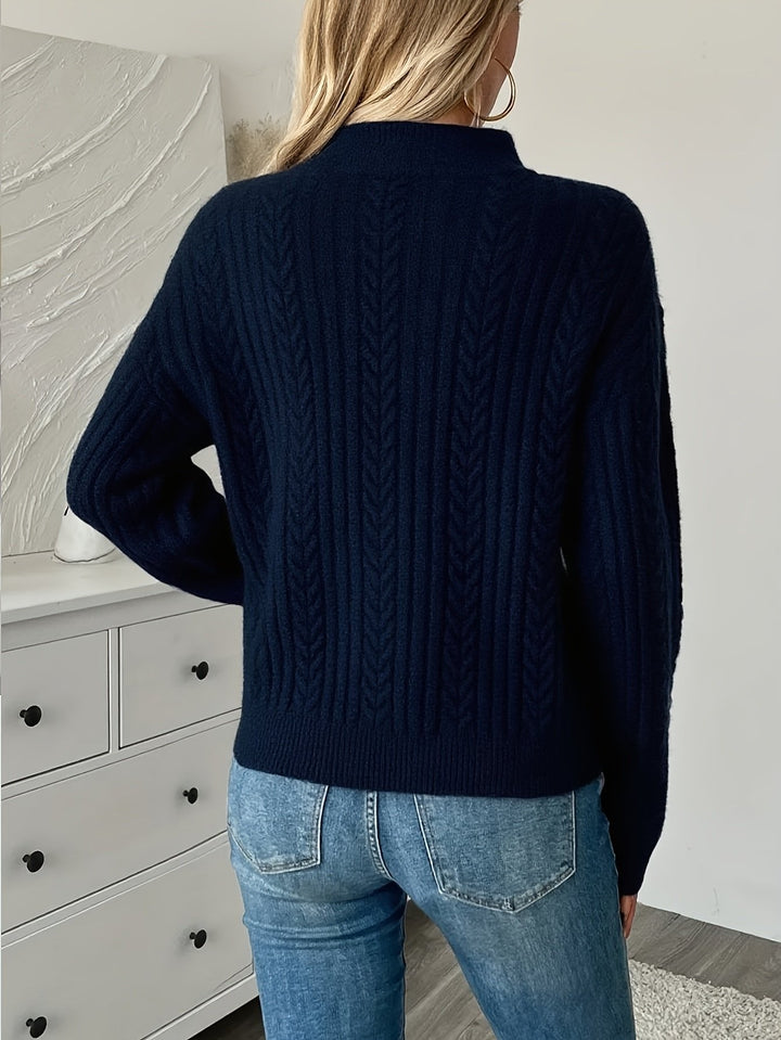 Laura | Elegant Cable Knit Sweater with Half Zip and Stand-Up Collar