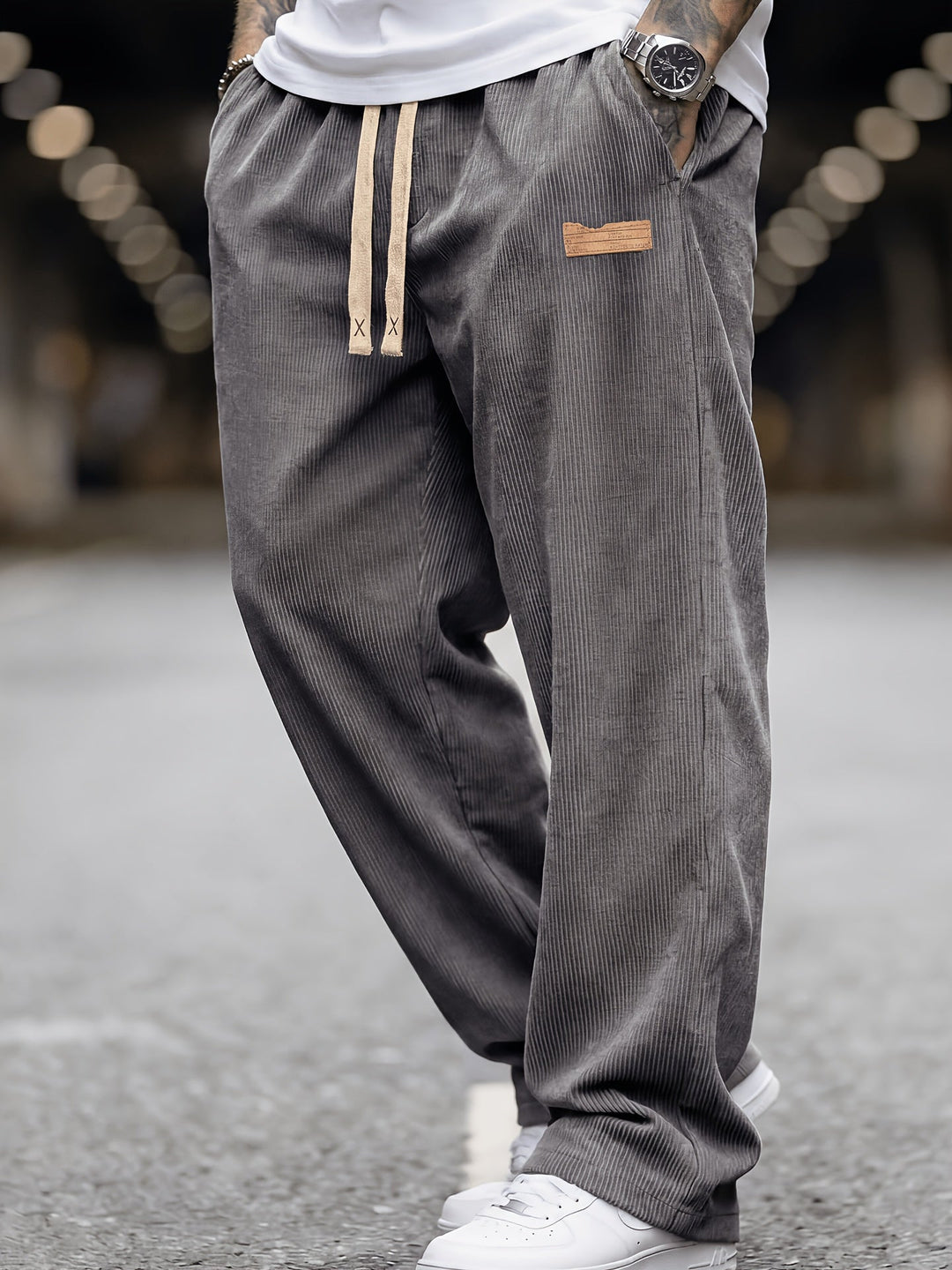 Men's Loose Fit Corduroy Trousers with Elastic Waist and Pockets, view 3 - Elena Harper