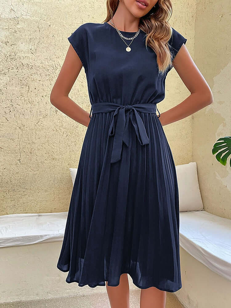 Women's Pleated Midi Dress with Tie Waist, view 5 - Elena Harper