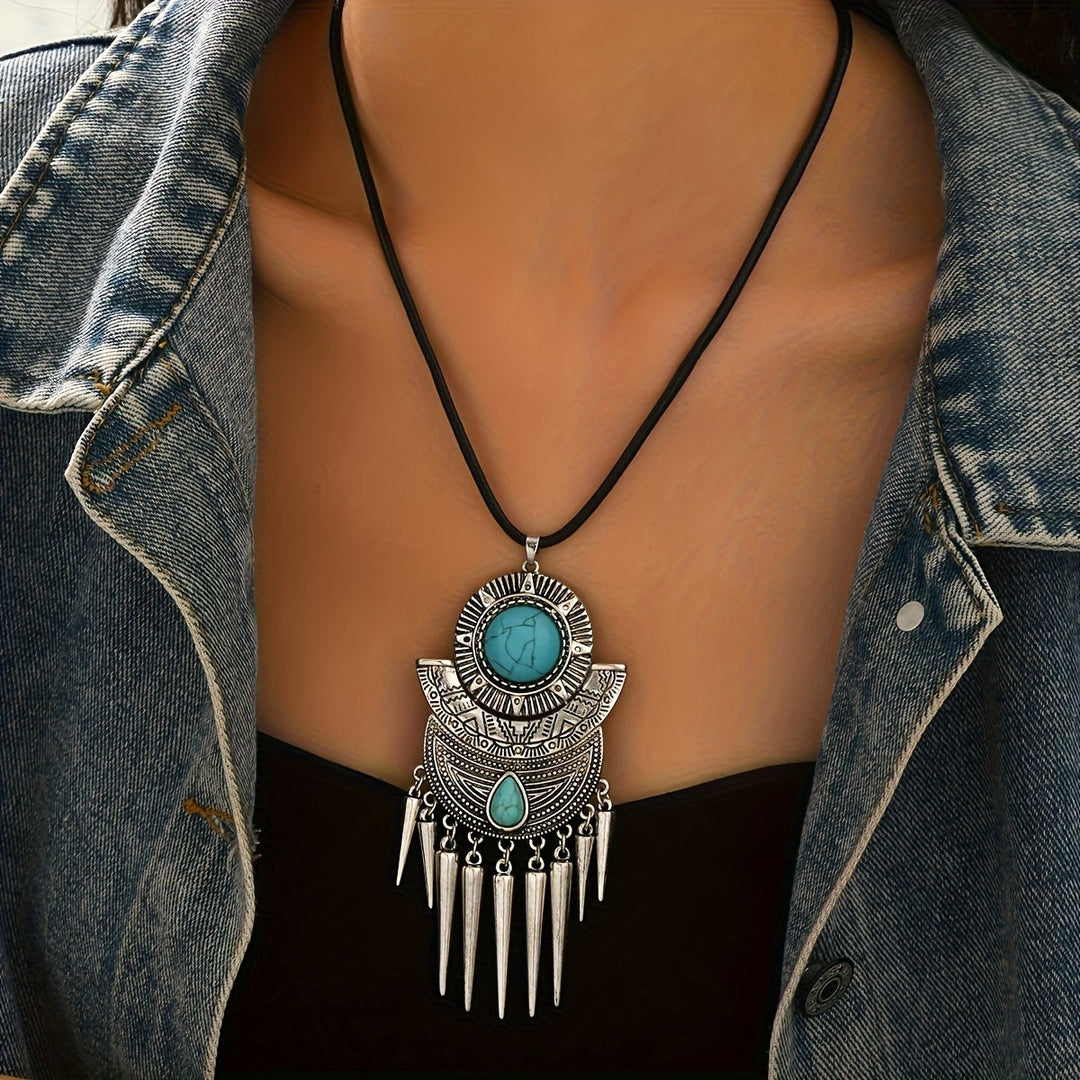Bohemian Spike Tassel Design Turquoise Pendant Necklace - Elena Harper