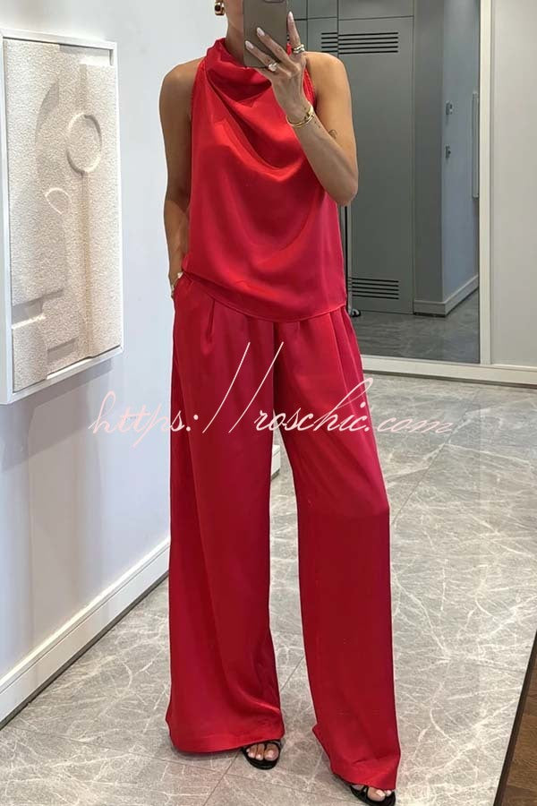 Classic on You Satin High Cowl Neck Top and Elastic Waist Pocket Loose Pants Set, view 4 - Elena Harper