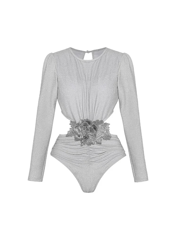 Silver Glossy Long Sleeve One-Piece Swimsuit, view 2 - Elena Harper