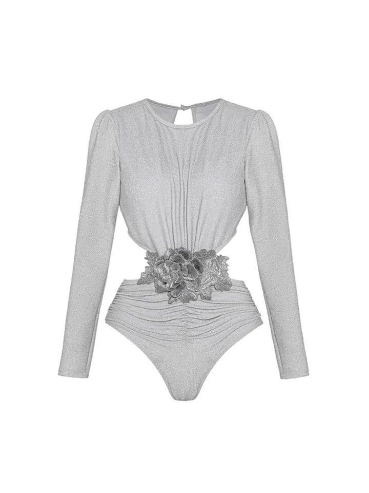 Silver Glossy Long Sleeve One-Piece Swimsuit, view 2 - Elena Harper