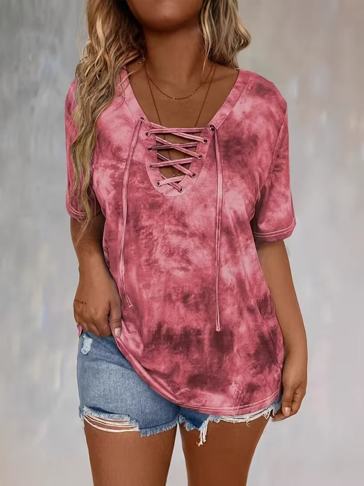 Beryl Short Sleeve T-Shirt with Print and Drawstring, view 5 - Elena Harper