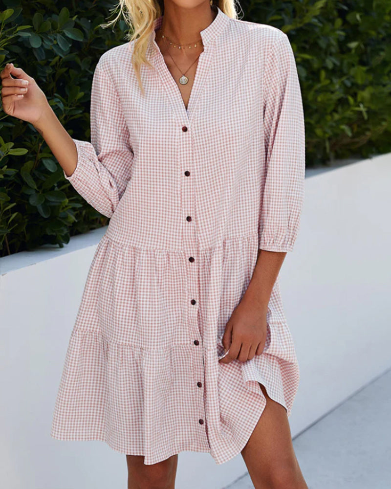 Lily Check Button Flare Dress - Elena Harper