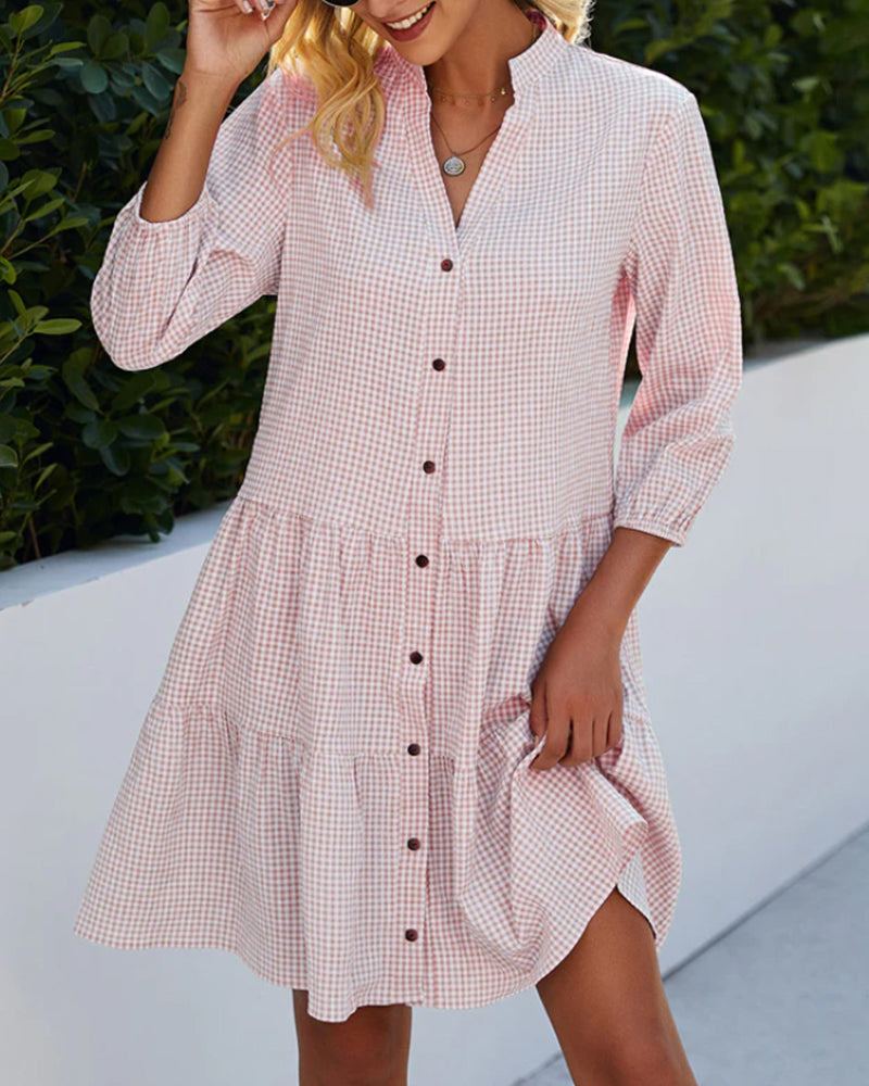 Lily Check Button Flare Dress - Elena Harper