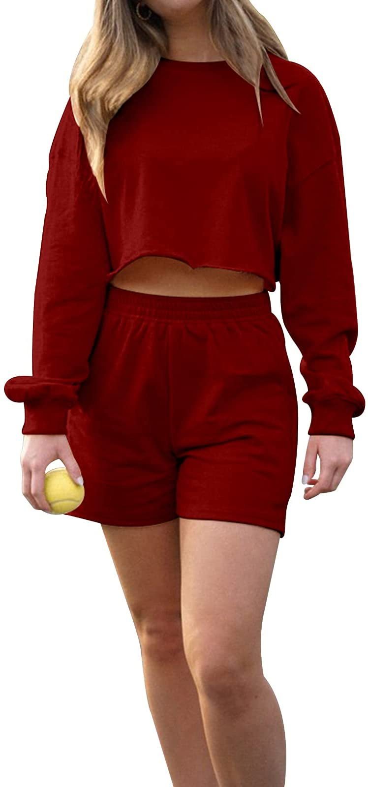Women's Two-Piece Sports Set: Long Sleeve Sweater and Solid Color Shorts