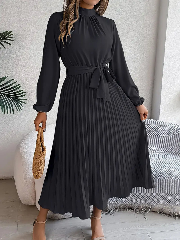Women's Elegant Long-Sleeve Belted Midi Dress