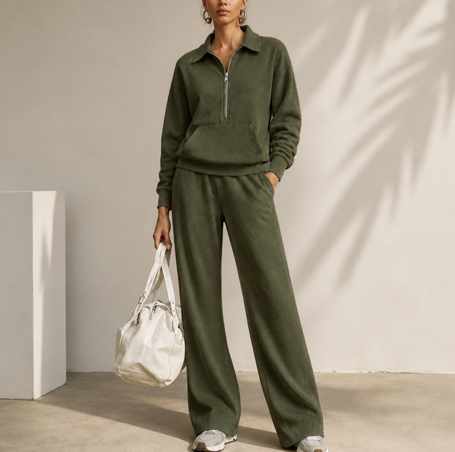 Easolde Half-Zip Collar Lounge Set - Elena Harper