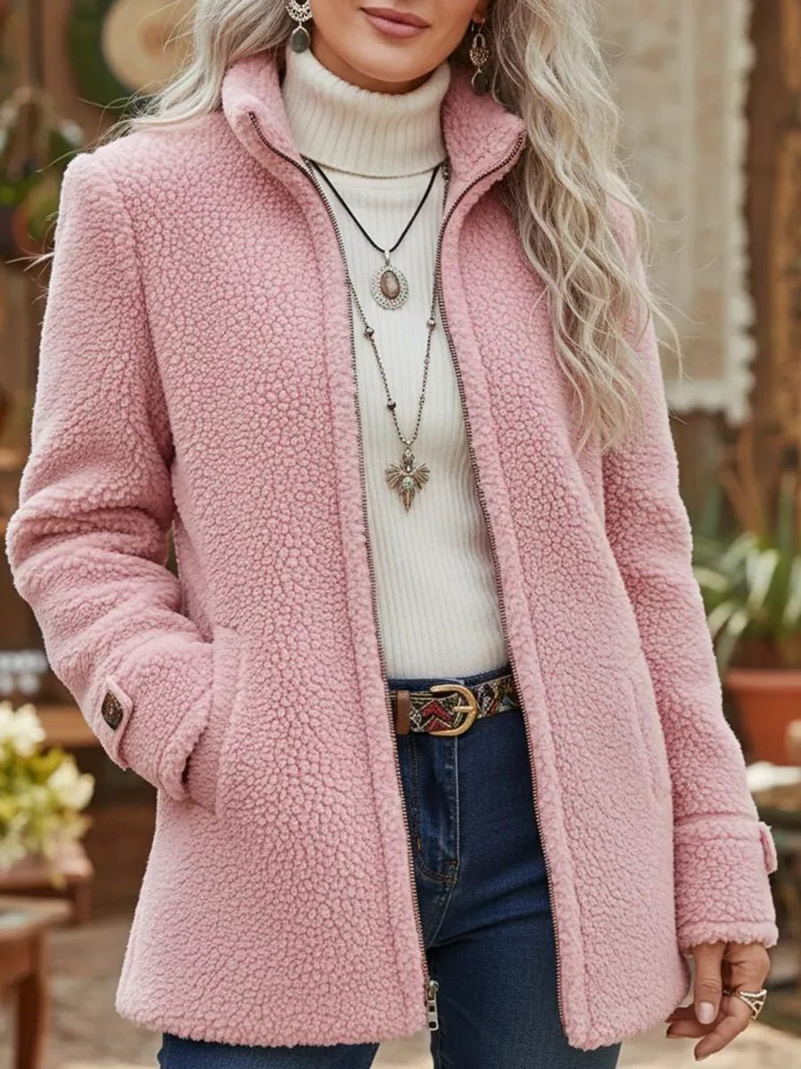 Fleece Winter Jacket with Stand-Up Collar for Women
