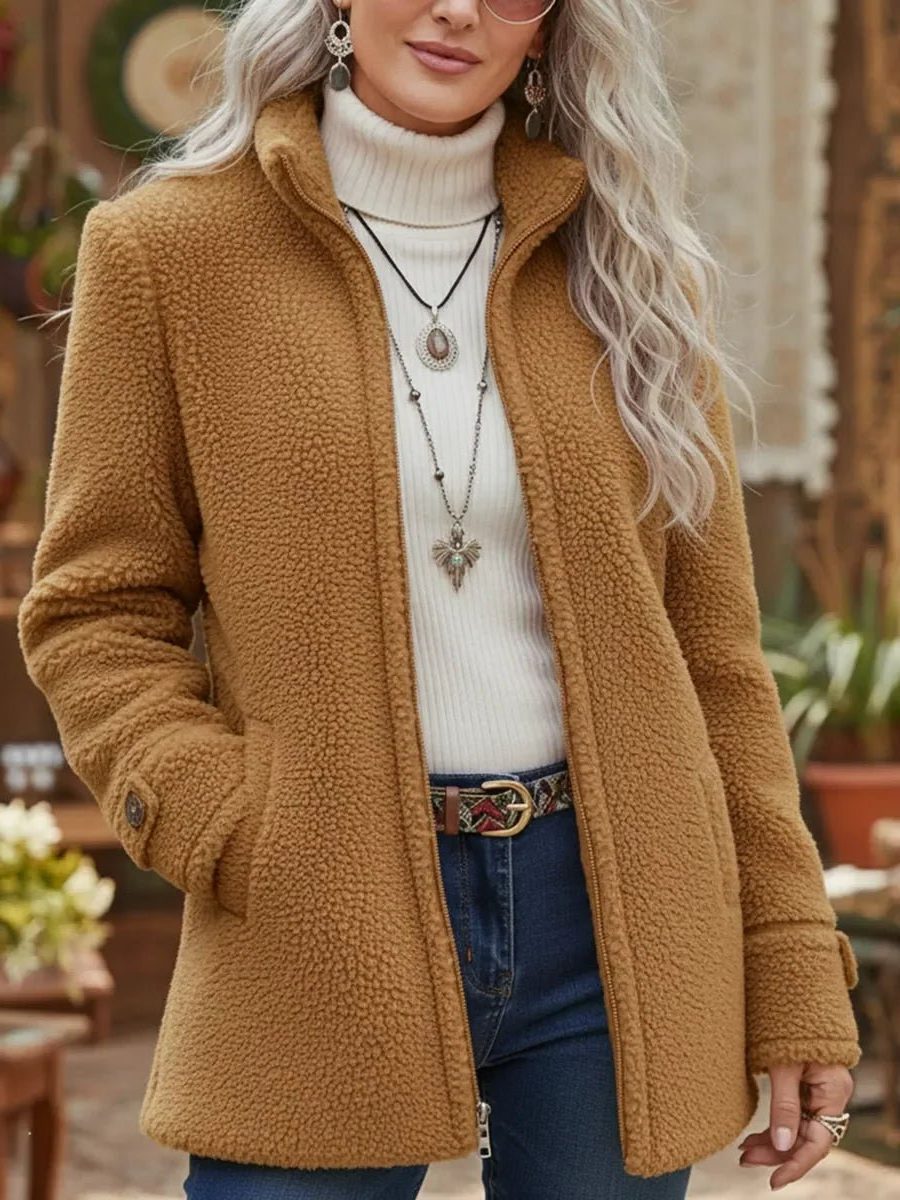 Fleece Winter Jacket with Stand-Up Collar for Women