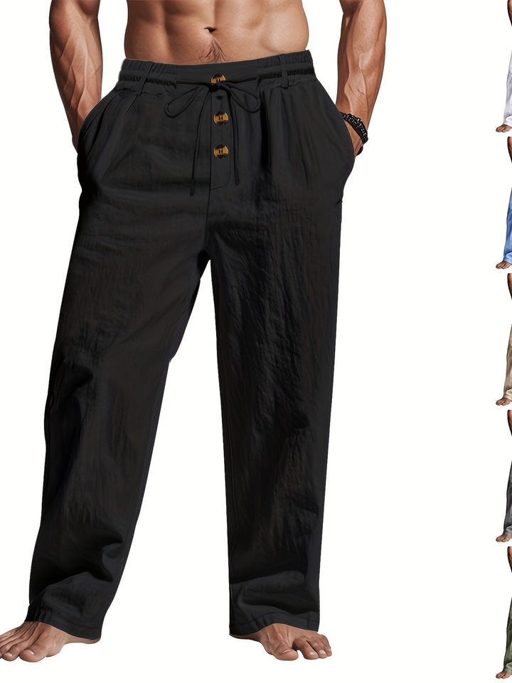 Men's Linen Pants | Lightweight & Breathable | Drawstring & Multi-Button | Beach & Casual